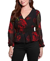 Guess Women's Mishka Long-Sleeve Smocked-Waist Chiffon Top