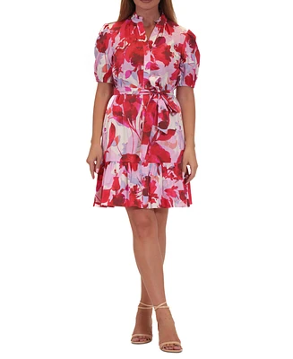 julian jordan Women's Floral Puff-Sleeve Tie-Waist Shirtdress