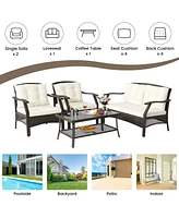 Sugift 4 Pieces Outdoor Rattan Conversation Set with Protective Cover