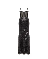 Milla Women's Sensational Black Maxi On Spaghetti Straps Covered In Sequins, Smoky Quartz