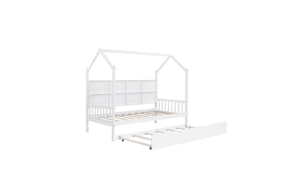 Slickblue Wooden Twin Size House Bed with Trundle and Shelf for Kids