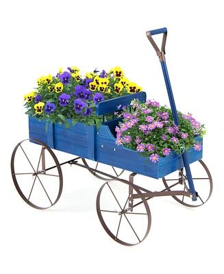 Sugift Wooden Wagon Plant Bed with Metal Wheels for Garden Yard Patio-Blue