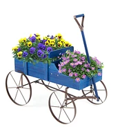 Sugift Wooden Wagon Plant Bed with Metal Wheels for Garden Yard Patio-Blue