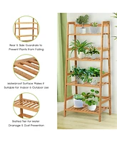 Sugift 4-Tier Bamboo Plant Rack with Guardrails Stable and Space-Saving-Natural