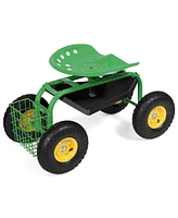 Sugift Green Garden Cart Rolling Work Seat With Heavy Duty Tool Tray Gardening Planting-Green
