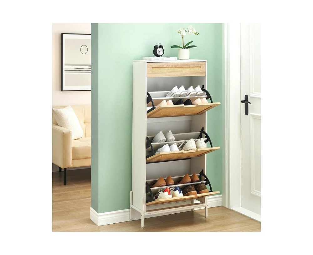 gaomon Shoe Cabinet, Rattan Shoe Cabinet with 3 Flip Drawers, Hidden Shoe Organizer for Entryway or Hallway with Metal Legs, Narrow Shoe Rack Cabinet