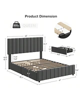 gaomon Bed Frame With 4 Storage Drawers And Adjustable Headboard, Linen Upholstered Platform Bed Frame With Wooden Slats Support