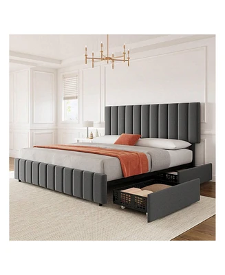 gaomon Bed Frame With 4 Storage Drawers And Adjustable Headboard, Linen Upholstered Platform Bed Frame With Wooden Slats Support