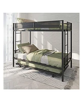 gaomon Twin Over Twin Bunk Bed With Trundle, Wood Slats, 2 Side Ladders, Guardrail Metal Bed Frame, No Spring Box Needed Sturdy Metal Frame For Bedroo