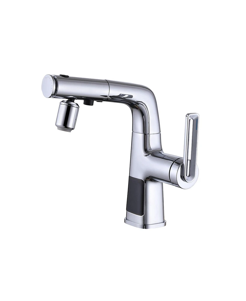 Mondawe Single Handle Single Hole Bathroom Faucet with Pull Out Sprayer Brass Led Bathroom Sink Vanity Taps Chrome Plated