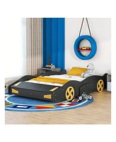 gaomon Full Size Platform Bed, Solid Wood Race Car-Shaped Bed Frame With Wheels And Storage Space For Boys Girls Teens Bedroom, No Box Spring Needed