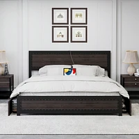 gaomon Full/Queen/King Bed Frame With Headboard,Industrial Platform 4 Storage Drawers And Charge Station,Strong Metal Slats Suppor