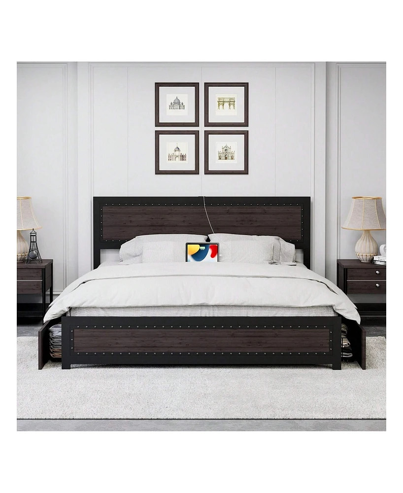 gaomon Full/Queen/King Bed Frame With Headboard,Industrial Platform 4 Storage Drawers And Charge Station,Strong Metal Slats Suppor