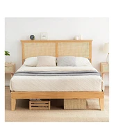 gaomon Rattan Bed Frame Queen With Natural Rattan Headboard,Queen Bed Frame With Led Lights,Rattan Queen Bed Frame With Headboard,Solid Wood Foundatio