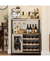 gaomon 3-Tier Wine Bar Cabinet with Led Lights, Detachable Wine Rack and Storage Space,Grey