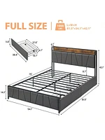 gaomon Bed Frame With Storage Headboard And 2 Drawers, Linen Upholstered Platform Bed Frame With Charging Station, Heavy Duty, No Box Spring Needed