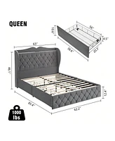 gaomon Bed Frame With Charging Station And 4 Storage Drawers, Velvet Upholstered Tall Tufted Wingback Headboard And Storage Shelf