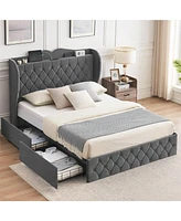 gaomon Bed Frame With Charging Station And 4 Storage Drawers, Velvet Upholstered Tall Tufted Wingback Headboard And Storage Shelf