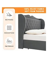 gaomon Bed Frame With Charging Station And 4 Storage Drawers, Velvet Upholstered Tall Tufted Wingback Headboard And Storage Shelf