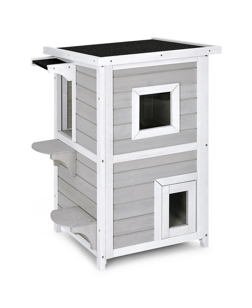 Gouun 2-Story Wooden Cat House with Escape Door Rainproof