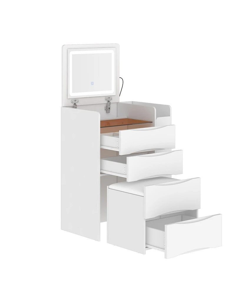 Famapy White Closet Drawer Vanity With Light Mirror And Stool