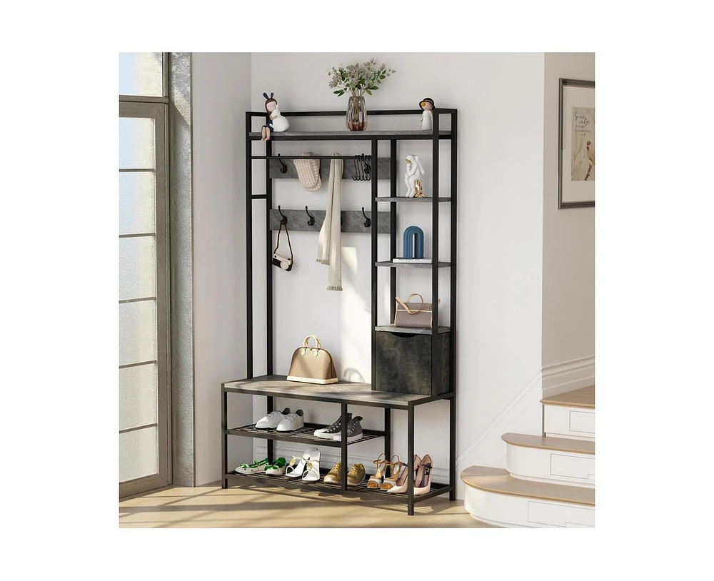gaomon 5-in-1 Coat Rack, Hall Tree with Bench and Shoe Storage, Freestanding Entryway Bench with 5-Tier Open Shelves, Fabric Storage Basket and 12 Hoo