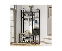 gaomon 5-in-1 Coat Rack, Hall Tree with Bench and Shoe Storage, Freestanding Entryway Bench with 5-Tier Open Shelves, Fabric Storage Basket and 12 Hoo