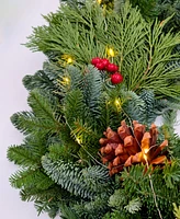 International Christmas Innovation Traditional Noble Fir Fresh Wreath with Warm Lights, 22"