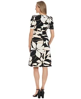 London Times Petite Printed Round-Neck Ruched A-Line Dress