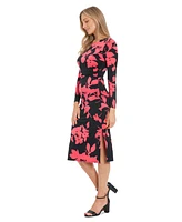 London Times Petite Floral Side-Ruched Long-Sleeve Midi Dress