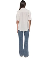 Karl Lagerfeld Paris Women's Linen-Blend Bungee-Sleeve Button-Front Top, Regular & Petite