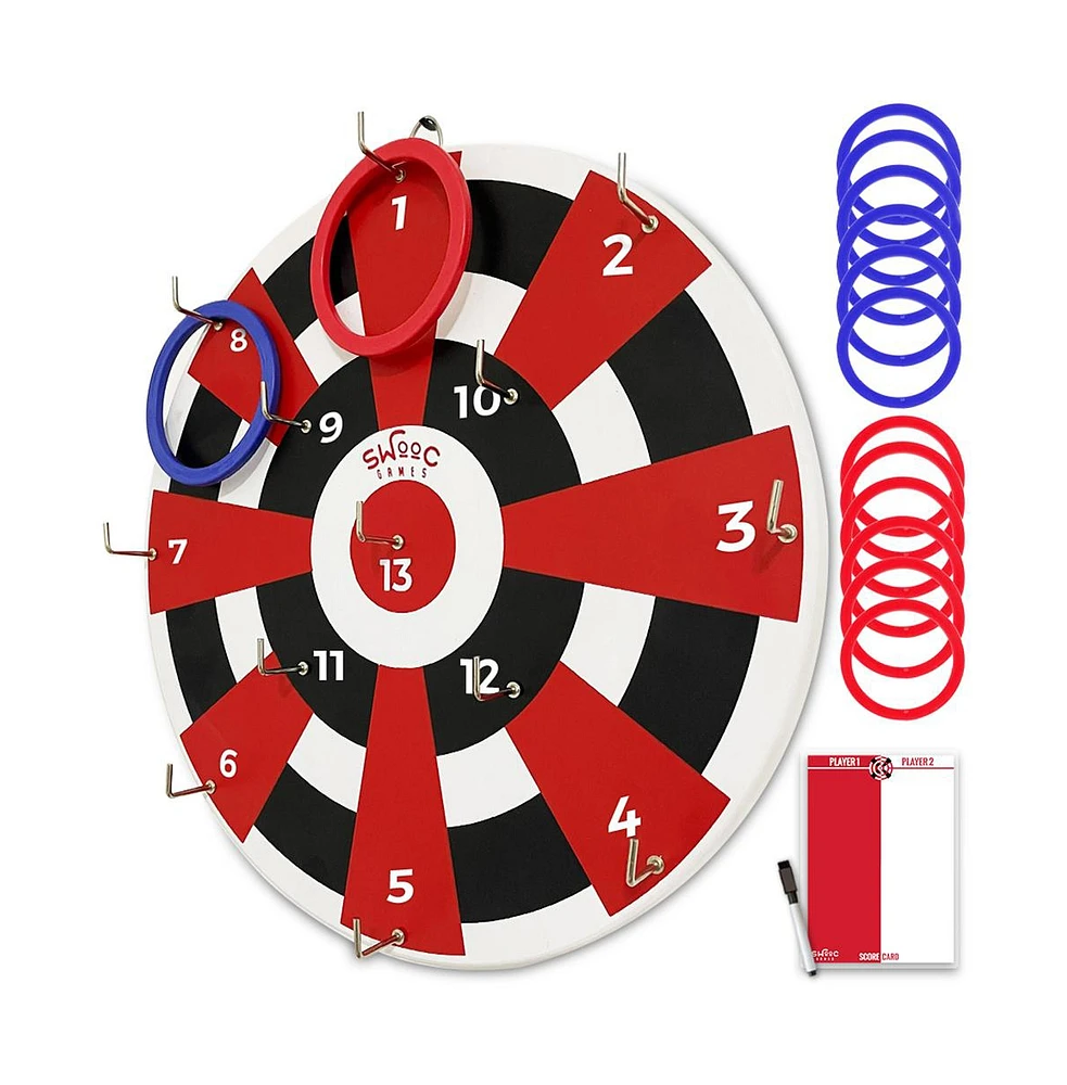 Swooc Hook Darts Ring Toss Game Wood Board & Soft Rings 20+ Games Included For Kids & Adults Dart Board Wall Mount Games