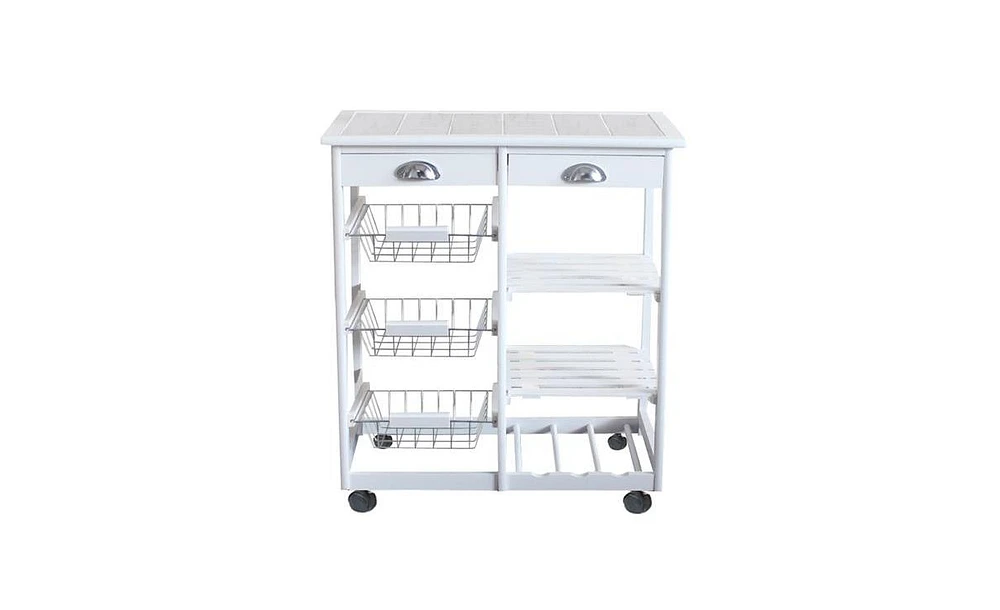 Slickblue Kitchen & Dining Room Cart with 2 Drawers, 3 Baskets, and 3 Shelves, Rolling Storage Rack in White