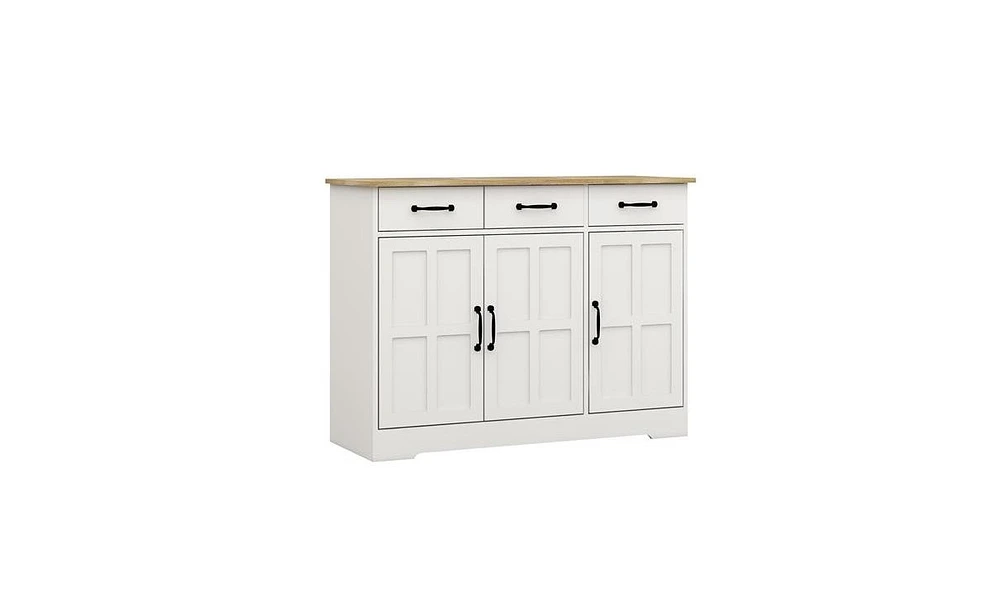 Slickblue Farmhouse White Buffet Cabinet Sideboard with 3 Drawers and 3 Doors for Dining Room, Living Room, or Kitchen Storage