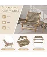 Costway Modern Teak Wood Lounge Chair with Nylon Woven Backrest & Seat Comfy Reading Chair