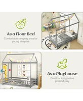 Gymax Twin House Bed w/ Roof & Full-length Safety Guardrail Playhouse Frame White