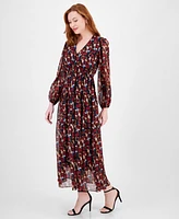 Robbie Bee Women's Printed V-Neck Long-Sleeve Dress