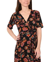 Msk Petite Printed Faux-Wrap Short-Sleeve Midi Dress