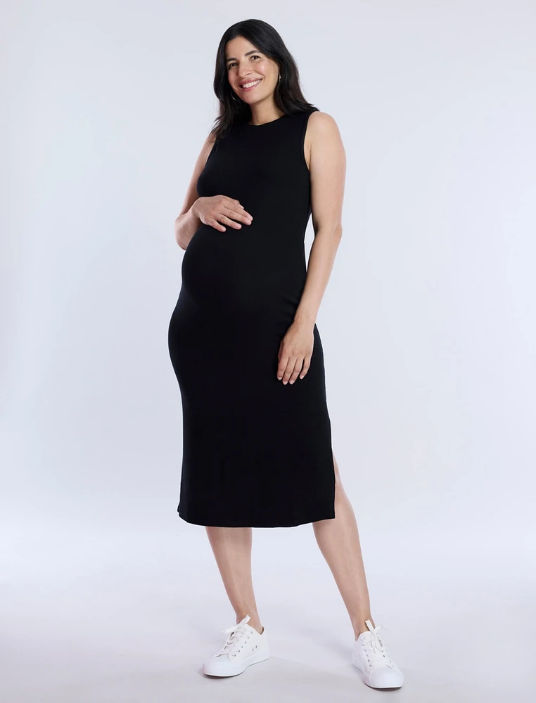 Motherhood Maternity Crew Neck Rib Knit Sleeveless Midi Dress