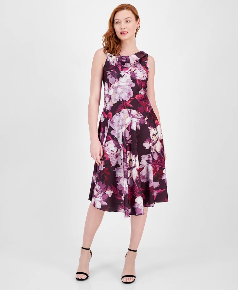 Robbie Bee Women's Floral-Print Cowl-Neck Fit & Flare Dress