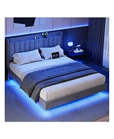 gaomon Full/Queen/King Size Floating Bed Frame With Charging Station & Storage Headboard, Upholstered Platform Bed Frame With Led Lights, Solid Wood S