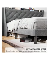 gaomon Queen/King Size Bed Frame With Upholstered Wingback Headboard, Luxurious Linen Upholstery Platform Bed With Charging Station, Button Tufted Des