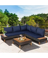Sugift 4 Pieces Patio Cushioned Rattan Furniture Set with Wooden Side Table