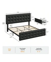 Bed Frame,With 4 Storage Drawers And Headboard, Linen Upholstered Platform Frame With Wooden Slats Support, Button Tufted Design