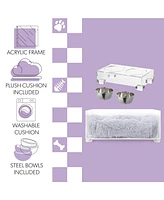 The Licker Store Billie Small Modern Lucite Pet Bed with Washable Cushion & 4" Elevated Feeder with 27 oz Stainless Steel Bowls.