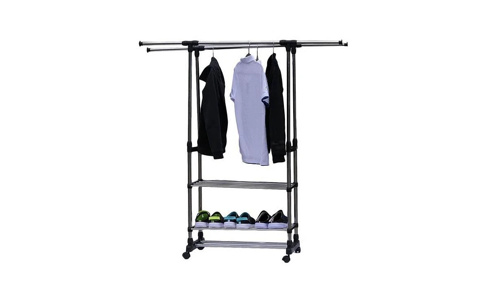 Slickblue 3-Tier Stainless Steel Clothing and Shoe Rack with Dual Bars Horizontal & Vertical Telescope Style