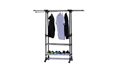 Slickblue 3-Tier Stainless Steel Clothing and Shoe Rack with Dual Bars Horizontal & Vertical Telescope Style