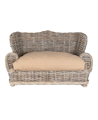 The Licker Store Classic 27.5" x 18" Mediterranean Handwoven Rattan Dog Daybed with Machine-Washable Cushion