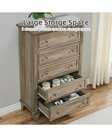 gaomon 5 Drawers Dresser for Bedroom, White Dresser with Wide Drawers, Wood Chest of Drawers, Tall Dresser for Bedroom