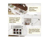 gaomon Wine Bar Cabinet, Coffee Bar Cabinet with Wine Rack & Glass Holder, Farmhouse Sideboard Buffet Cabinet with 3 Drawers & 2 Barn Doors